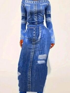 Denim-Print Two-Piece Maxi Skirt Set - Blue